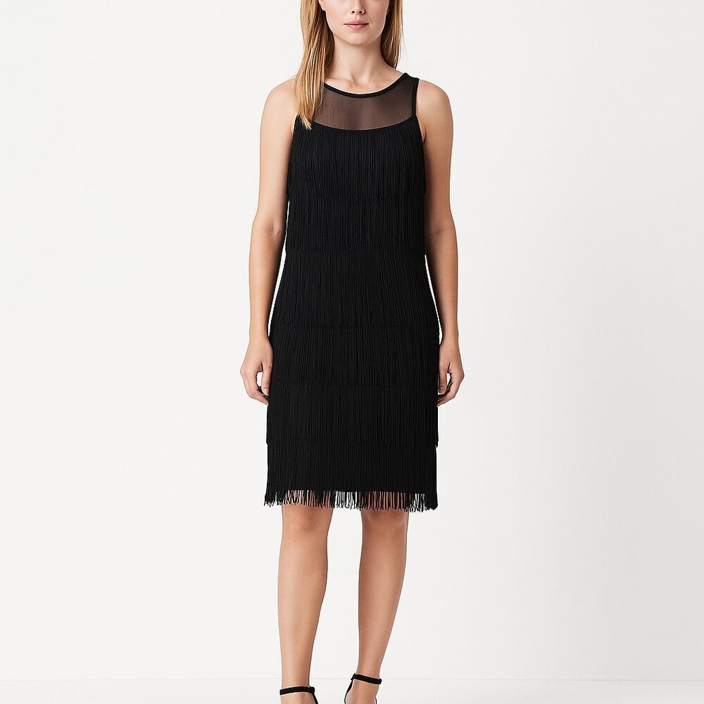 NWT White House Black Market Sleeveless Veil Fringe Party Dress Black XS #A1402
